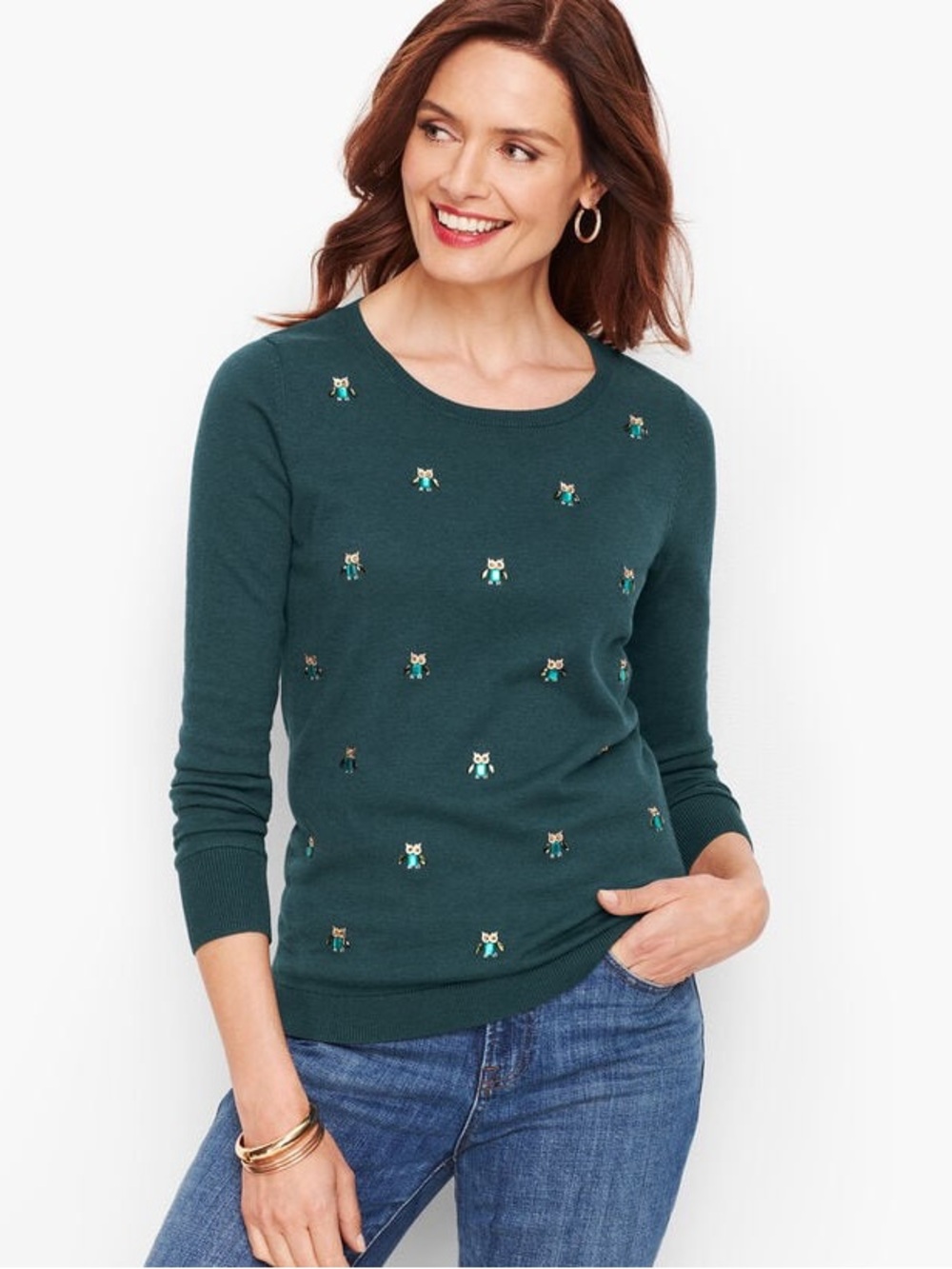 Talbots Bejeweled Owl Sweater Small Teal Green Cotton Blend Rhinestone Beaded